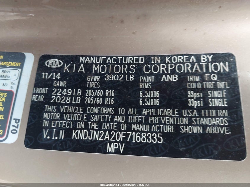 2015 Kia Soul VIN KNDJN2A20F7168335 IAAI salvage auction — FRONT END, Salvage (Ohio), sold $1,350 on 2026-07-14 (photo 9)