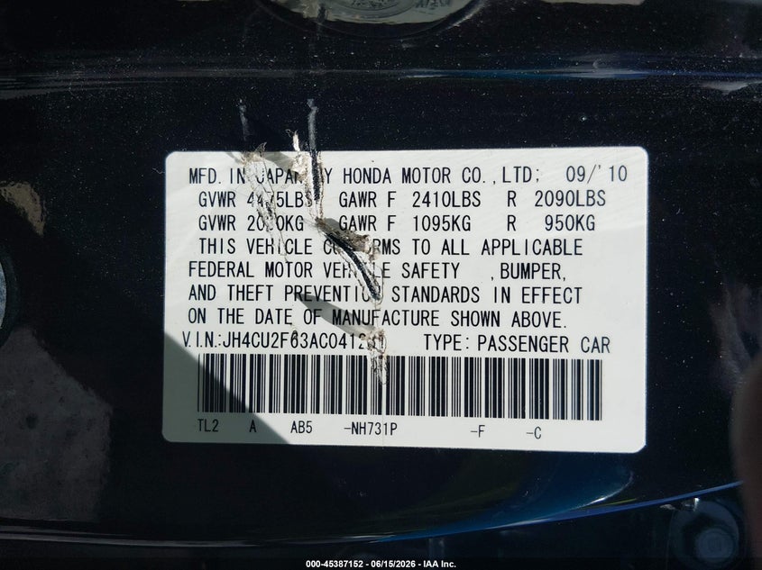 2010 Acura Tsx VIN JH4CU2F63AC041231 IAAI salvage auction — FRONT END, Salvage (South Carolina), sold $375 on 2026-07-28 (photo 9)