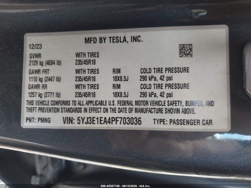 2023 Tesla Model 3 VIN 5YJ3E1EA4PF703036 IAAI salvage auction — REAR END, Salvage (Pennsylvania), sold $5,800 on 2026-07-29 (photo 9)