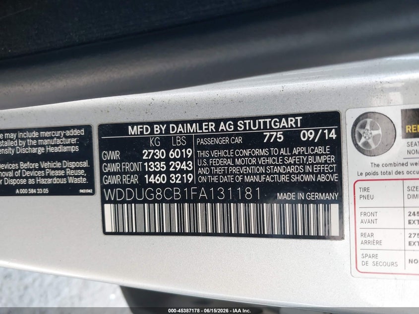 2015 Mercedes-benz S-klasse VIN WDDUG8CB1FA131181 IAAI salvage auction — THEFT, Salvage Title, sold $2,400 on 2026-07-29 (photo 9)