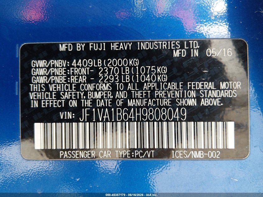 2017 Subaru Wrx VIN JF1VA1B64H9808049 IAAI salvage auction — FRONT END, Salvage (Iowa), sold $1,000 on 2026-07-28 (photo 9)