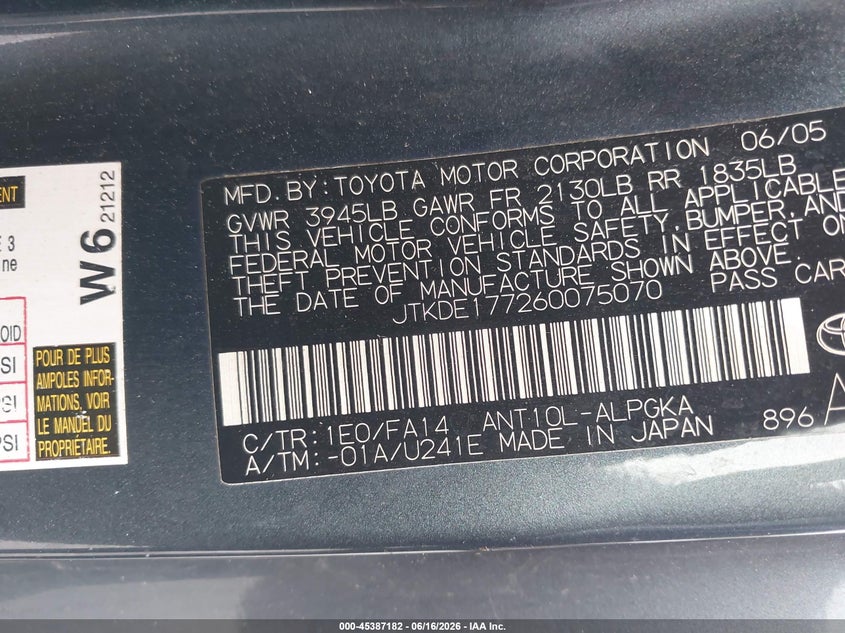 2006 Scion Tc VIN JTKDE177260075070 IAAI salvage auction — REAR END, Salvage (California), sold $225 on 2026-07-30 (photo 9)