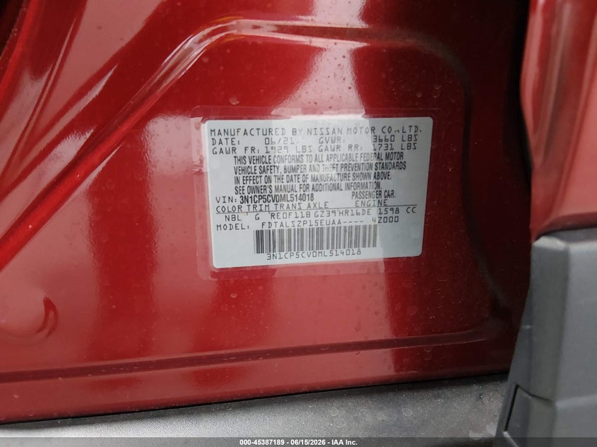 2021 Nissan Kicks VIN 3N1CP5CV0ML514018 IAAI salvage auction — RIGHT REAR, Rebuildable (Florida), sold $3,800 on 2026-07-17 (photo 9)