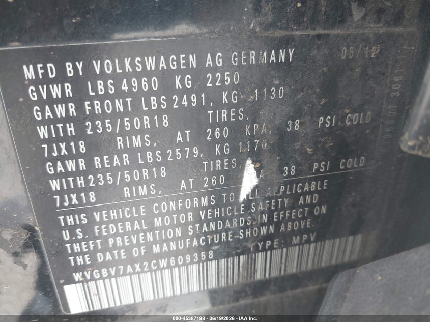 2012 Volkswagen Tiguan VIN WVGBV7AX2CW609358 IAAI salvage auction — BIO HAZARD, Salvage Title, sold $400 on 2026-07-16 (photo 9)