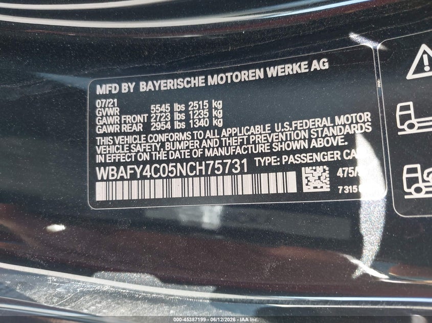 2022 BMW 8er VIN WBAFY4C05NCH75731 IAAI salvage auction — FRONT END, Salvage (California), sold $33,900 on 2026-07-09 (photo 9)