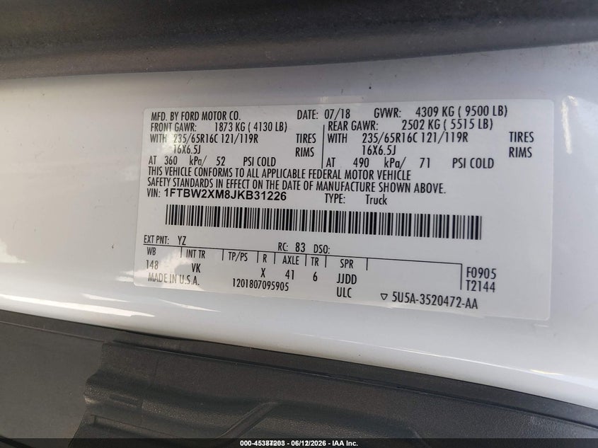 2018 Ford Transit-350 VIN 1FTBW2XM8JKB31226 IAAI salvage auction — NORMAL WEAR, SF97 (California), sold $16,100 on 2026-07-30 (photo 9)