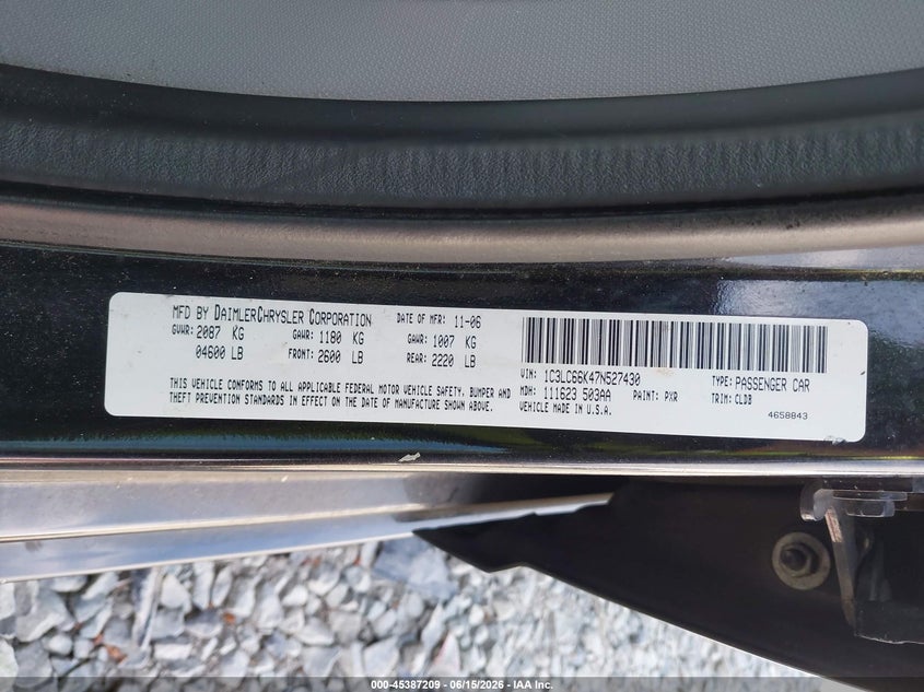 2007 Chrysler Sebring VIN 1C3LC66K47N527430 IAAI salvage auction — RIGHT FRONT, Bill Of Sale (Washington), sold $175 on 2026-07-08 (photo 9)