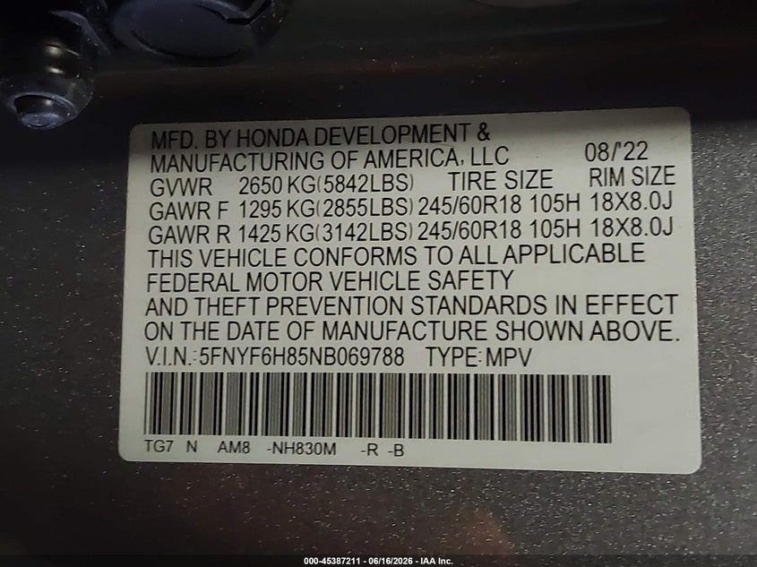 2022 Honda Pilot VIN 5FNYF6H85NB069788 IAAI salvage auction — FRONT END, Salvage (Oregon), sold $8,300 on 2026-07-31 (photo 9)