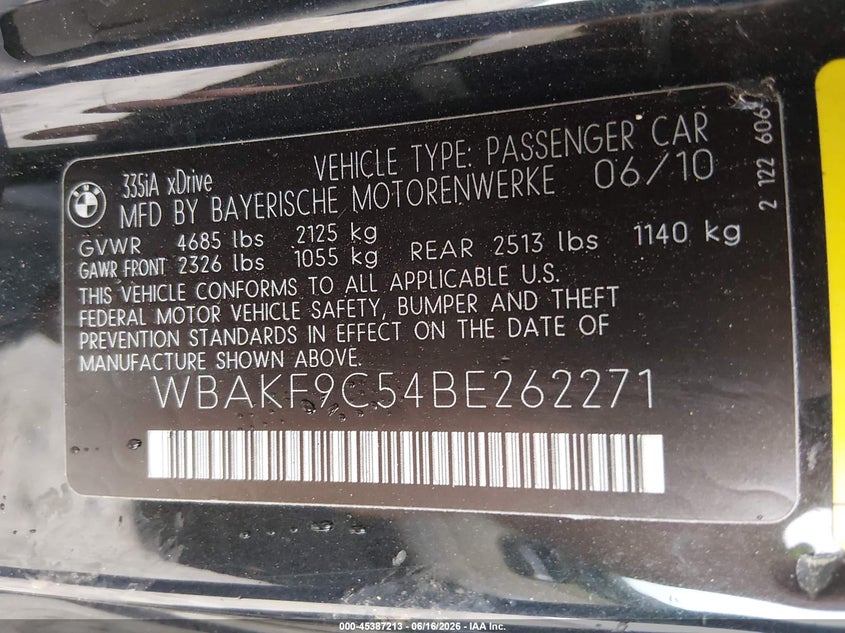 2011 BMW 3 series VIN WBAKF9C54BE262271 IAAI salvage auction — FRONT END, Salvage (Georgia), sold $1,250 on 2026-07-23 (photo 9)