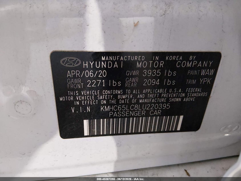 2020 Hyundai Ioniq hybrid VIN KMHC65LC8LU220395 IAAI salvage auction — NORMAL WEAR, SF97 (California), sold $2,650 on 2026-07-30 (photo 9)