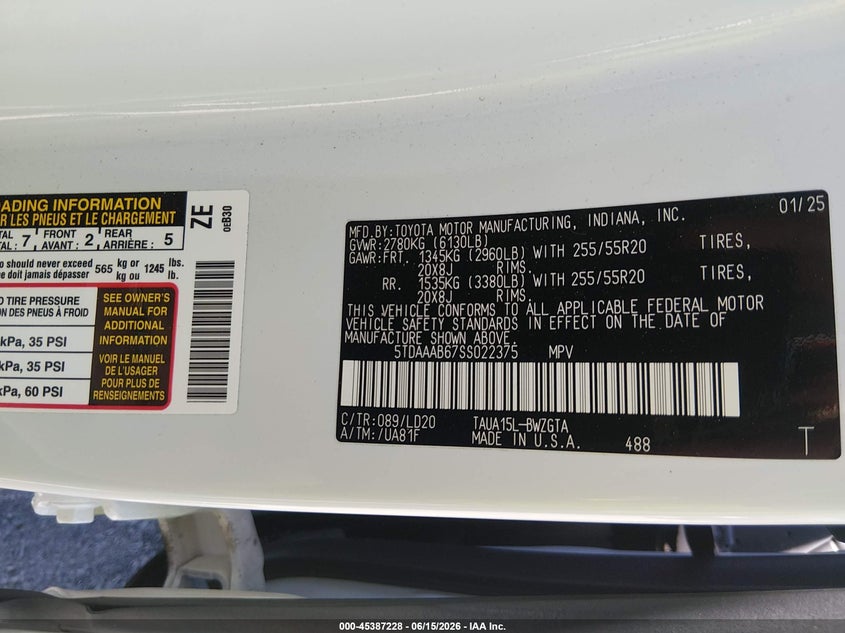 2025 Lexus Tx VIN 5TDAAAB67SS022375 IAAI salvage auction — REAR END, Salvage (Missouri), sold $3,200 on 2026-07-30 (photo 9)