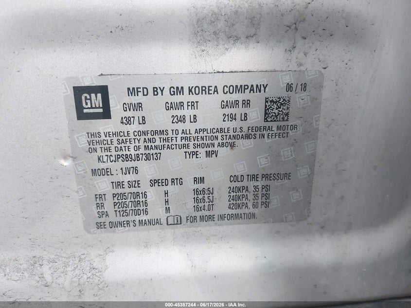 2018 Chevrolet Trax VIN KL7CJPSB9JB730137 IAAI salvage auction — FRONT END, Salvage (Ohio), sold $25 on 2026-07-28 (photo 9)