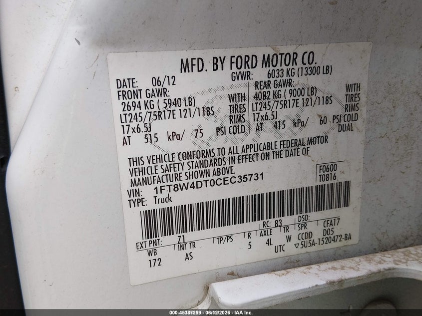 2012 Ford F-550 super duty VIN 1FT8W4DT0CEC35731 IAAI salvage auction — NORMAL WEAR, Sf97 (Washington), sold $15,950 on 2026-08-06 (photo 9)