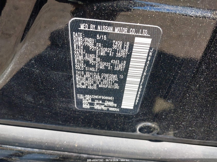 2015 Infiniti Qx80 VIN JN8AZ2NEXF9085951 IAAI salvage auction — FRONT END, Mv-907A (New York), sold $425 on 2026-07-28 (photo 9)
