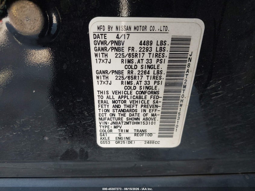 2017 Nissan Rogue VIN JN8AT2MT0HW153101 IAAI salvage auction — RIGHT FRONT, Salvage Title, sold $700 on 2026-08-02 (photo 9)