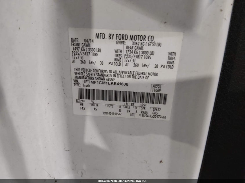 2014 Ford F-150 VIN 1FTMF1CM1EKE41636 IAAI salvage auction — NORMAL WEAR, SF97 (California), sold $18,100 on 2026-07-30 (photo 9)