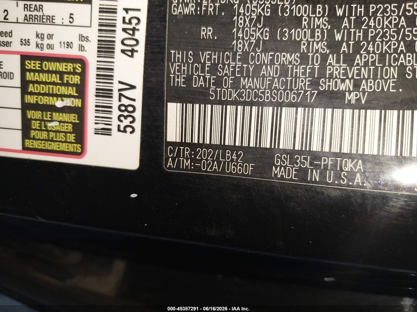 2011 Toyota Sienna VIN 5TDDK3DC5BS006717 IAAI salvage auction — FRONT END, Clear (New York), sold $1,325 on 2026-07-21 (photo 9)