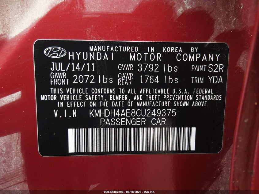 2012 Hyundai Elantra VIN KMHDH4AE8CU249375 IAAI salvage auction — NORMAL WEAR, Clear (Kansas), sold $400 on 2026-07-17 (photo 9)