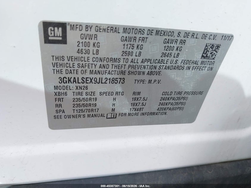 2018 Gmc Terrain VIN 3GKALSEX9JL218573 IAAI salvage auction — FRONT END, Mv-907A (New York), sold $3,150 on 2026-07-05 (photo 9)