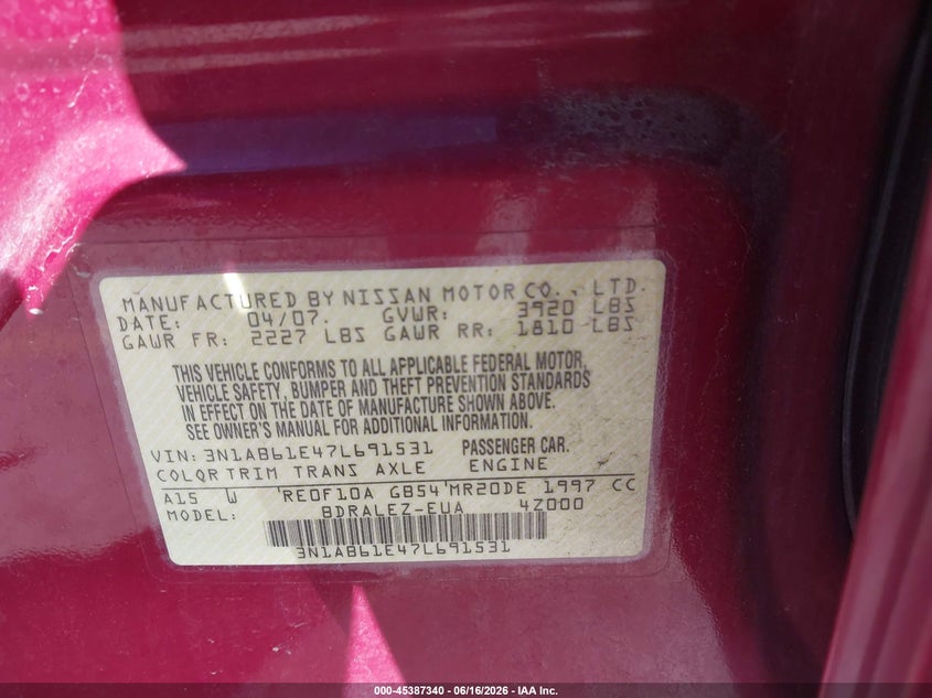 2007 Nissan Sentra VIN 3N1AB61E47L691531 IAAI salvage auction — SIDE, Salvage (Utah), sold $625 on 2026-07-09 (photo 9)