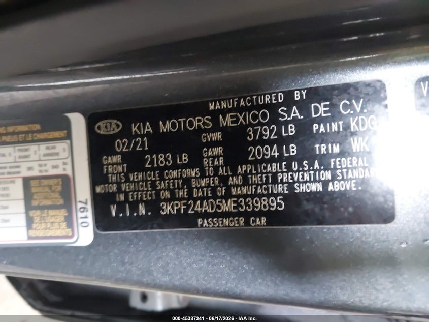 2021 Kia Forte VIN 3KPF24AD5ME339895 IAAI salvage auction — FRONT END, Salvage (Illinois), sold $1,850 on 2026-07-24 (photo 9)