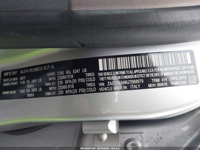 2018 Alfa romeo Stelvio VIN ZASFAKAN6J7B68979 IAAI salvage auction — FRONT END, Salvage (Massachusetts), sold $2,600 on 2026-08-14 (photo 9)