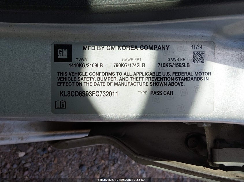 2015 Chevrolet Spark VIN KL8CD6S93FC732011 IAAI salvage auction — NORMAL WEAR, Clear (New Jersey), sold $875 on 2026-07-07 (photo 9)