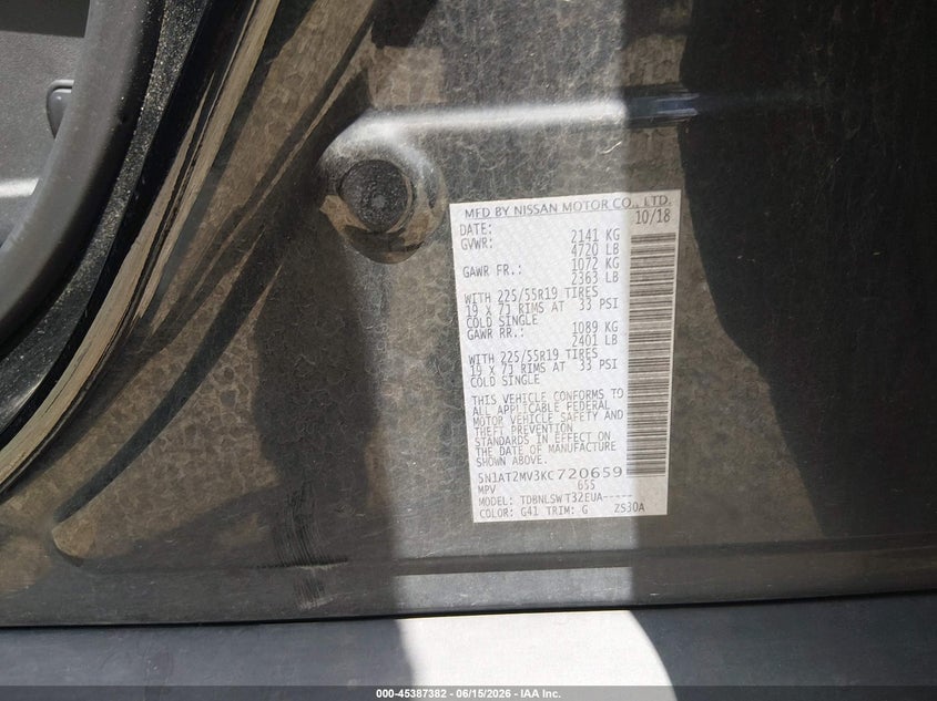 2019 Nissan Rogue VIN 5N1AT2MV3KC720659 IAAI salvage auction — FRONT END, Salvage Title, sold $4,300 on 2026-07-18 (photo 9)