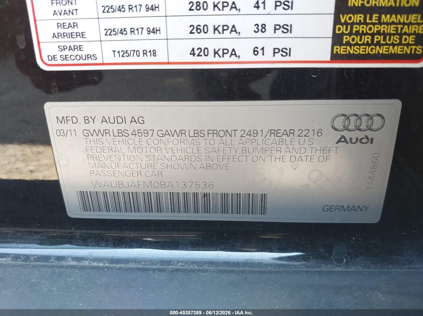 2011 Audi A3 VIN WAUBJAFM0BA137536 IAAI salvage auction — NORMAL WEAR, Clear - Dealer Only (California), sold $375 on 2026-07-29 (photo 9)