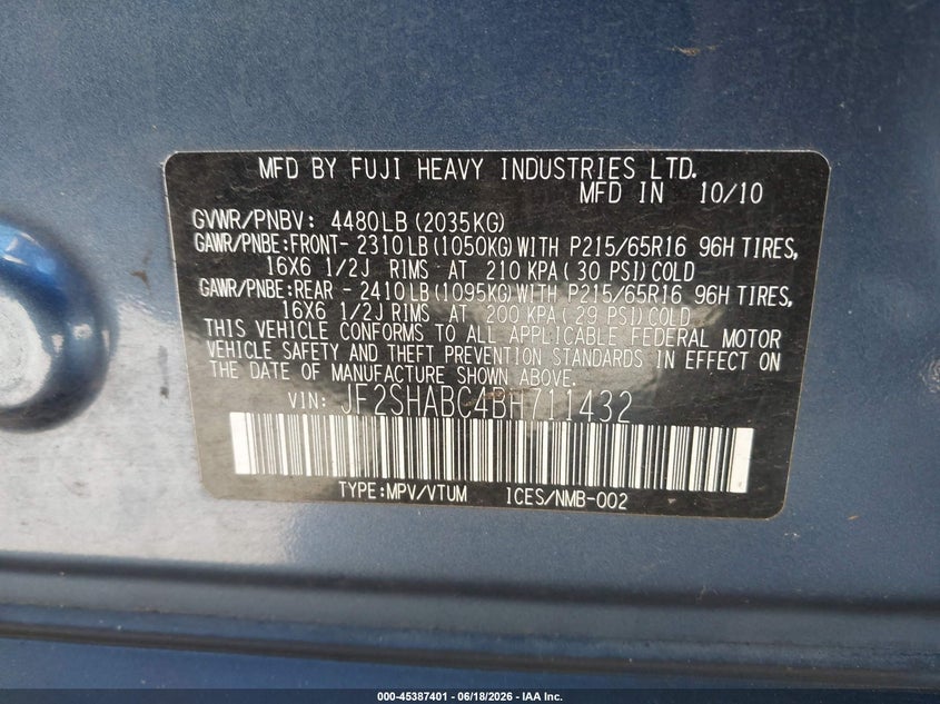 2011 Subaru Forester VIN JF2SHABC4BH711432 IAAI salvage auction — REAR END, Bill Of Sale (Washington), sold $825 on 2026-07-09 (photo 9)