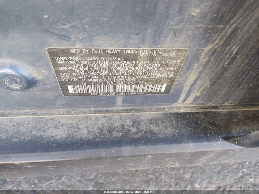 2010 Subaru Forester VIN JF2SH6AC8AG750009 IAAI salvage auction — NORMAL WEAR, Clear (Colorado), sold $425 on 2026-07-14 (photo 9)