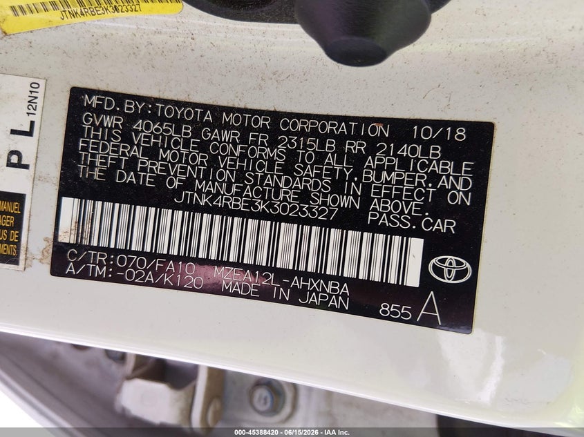 2019 Toyota Corolla VIN JTNK4RBE3K3023327 IAAI salvage auction — NORMAL WEAR, Clear (New Mexico), sold $4,000 on 2026-07-06 (photo 9)