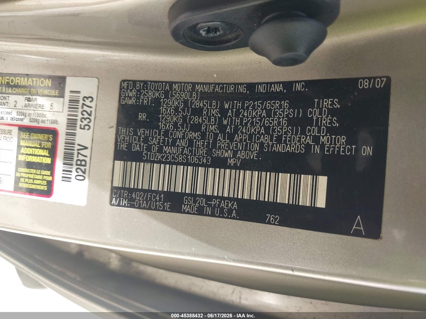 2008 Toyota Sienna VIN 5TDZK23C58S106343 IAAI salvage auction — LEFT FRONT, Original (Texas), sold $1,250 on 2026-07-16 (photo 9)