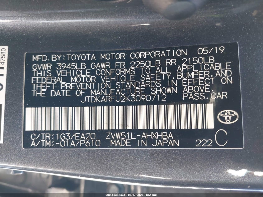 2019 Toyota Prius VIN JTDKARFU2K3090712 IAAI salvage auction — RIGHT SIDE, Salvage Title, sold $2,250 on 2026-07-24 (photo 9)