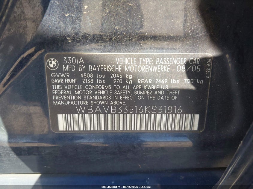 2006 BMW 3 series VIN WBAVB33516KS31816 IAAI salvage auction — NORMAL WEAR, Clear - Dealer Only (California), sold $450 on 2026-07-13 (photo 9)