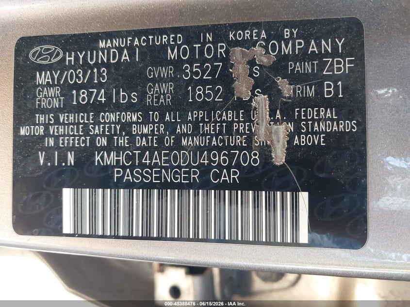 2013 Hyundai Accent VIN KMHCT4AE0DU496708 IAAI salvage auction — NORMAL WEAR, Original (Ohio), sold $225 on 2026-07-29 (photo 9)