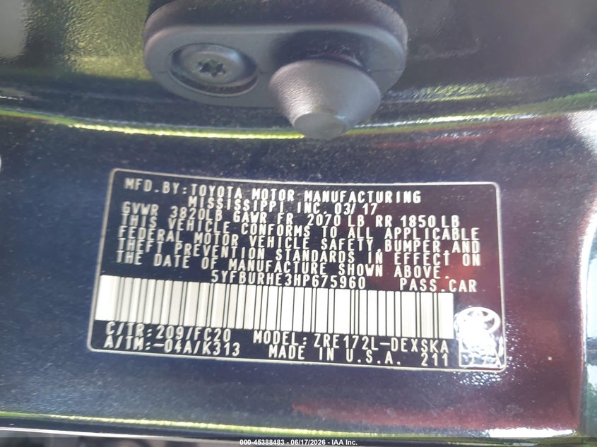 2017 Toyota Corolla VIN 5YFBURHE3HP675960 IAAI salvage auction — FRONT END, Salvage (California), sold $4,200 on 2026-07-07 (photo 9)