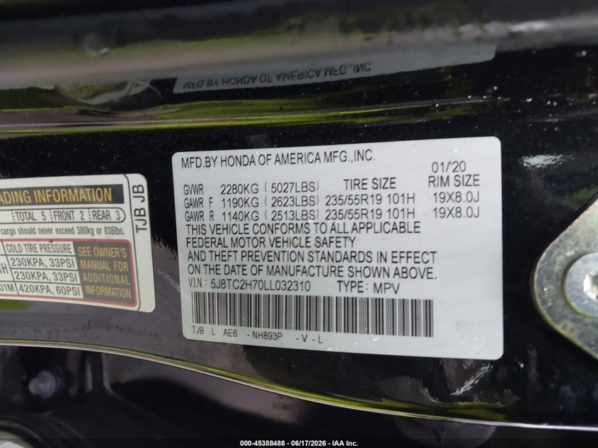 2020 Acura Rdx VIN 5J8TC2H70LL032310 IAAI salvage auction — UNKNOWN, Salvage Title, sold $10,400 on 2026-07-31 (photo 9)