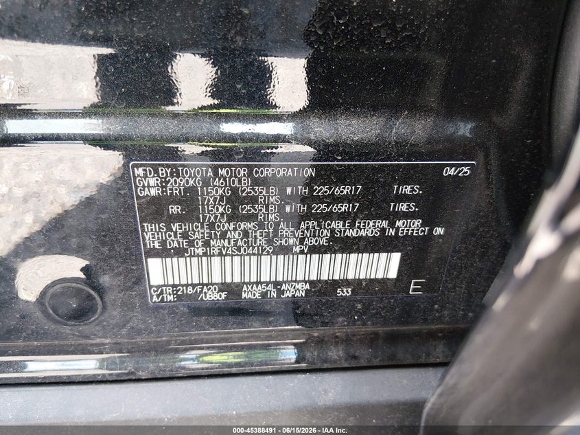 2025 Toyota Rav 4 VIN JTMP1RFV4SJ044129 IAAI salvage auction — FRONT END, Salvage (New Jersey), sold $9,200 on 2026-07-28 (photo 9)