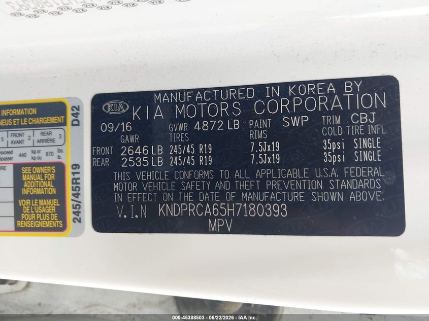 2017 Kia Sportage VIN KNDPRCA65H7180393 IAAI salvage auction — FRONT END, Salvage (South Carolina), sold $25 on 2026-07-29 (photo 9)