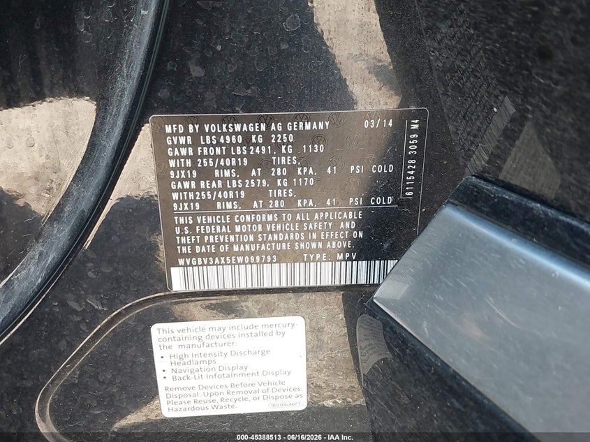 2014 Volkswagen Tiguan VIN WVGBV3AX5EW099793 IAAI salvage auction — FRONT END, Salvage (Iowa), sold $1,150 on 2026-07-29 (photo 9)