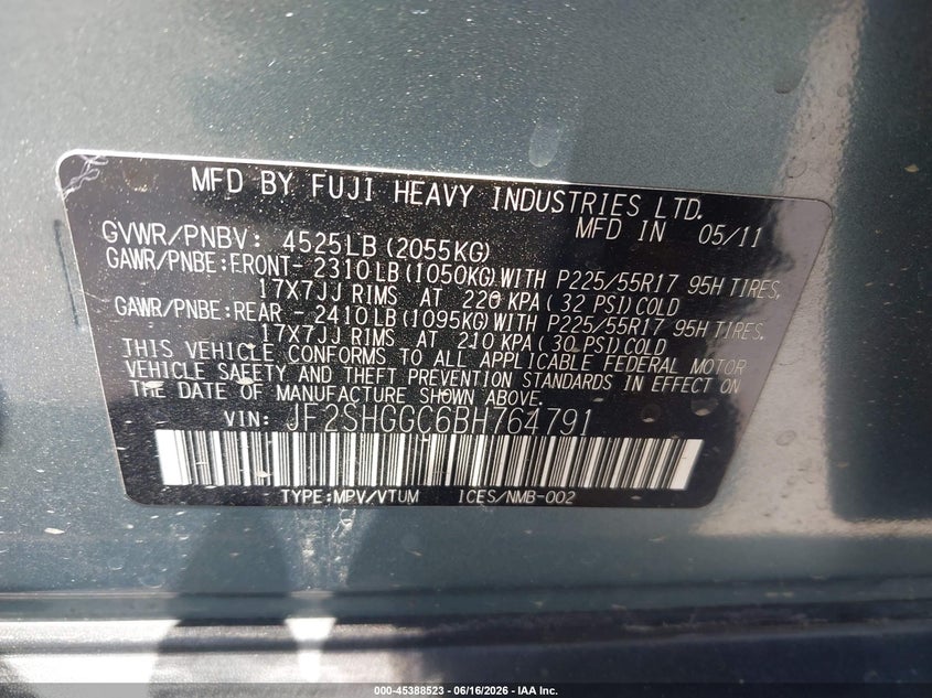 2011 Subaru Forester VIN JF2SHGGC6BH764791 IAAI salvage auction — LEFT & RIGHT, Salvage (California), sold $1,125 on 2026-07-22 (photo 9)