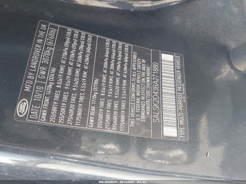 2011 Land rover Range rover sport VIN SALSK2D43BA271880 IAAI salvage auction — NORMAL WEAR, Clear - Dealer Only (California), sold $850 on 2026-07-13 (photo 9)