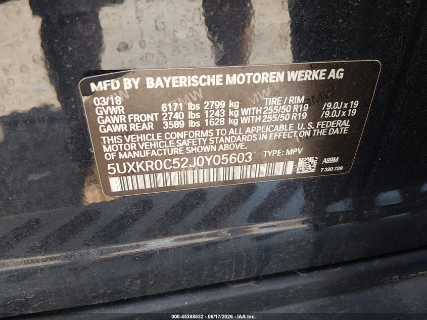2018 BMW X5 VIN 5UXKR0C52J0Y05603 IAAI salvage auction — NORMAL WEAR, Clear (Massachusetts), sold $3,850 on 2026-07-21 (photo 9)