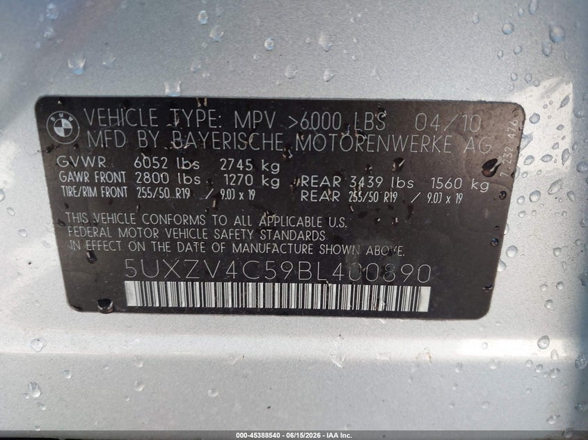 2011 BMW X5 VIN 5UXZV4C59BL400890 IAAI salvage auction — NORMAL WEAR, Clear - Dealer Only (California), sold $375 on 2026-07-13 (photo 9)