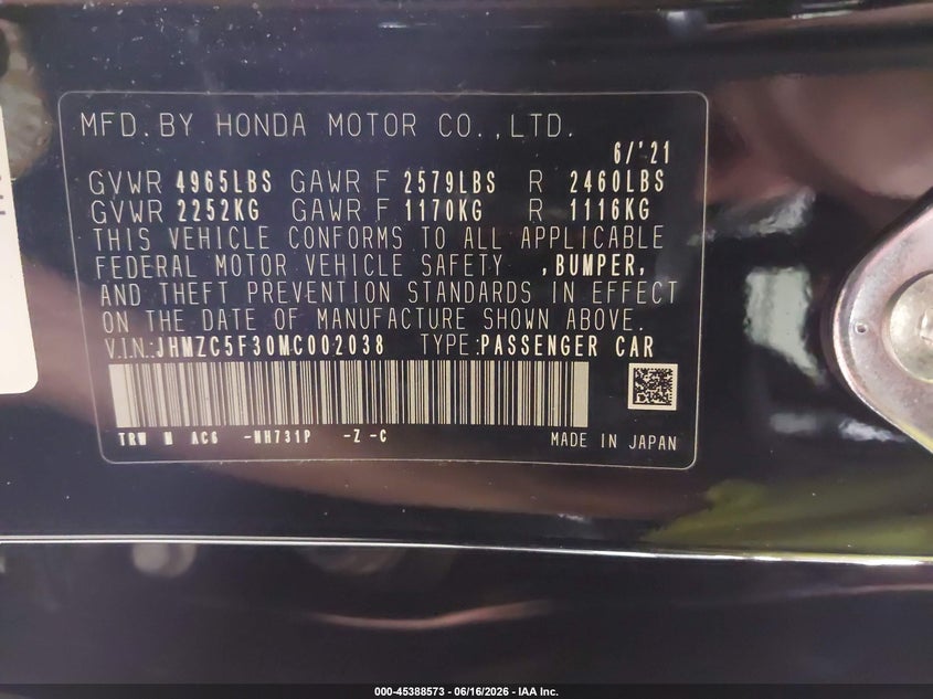 2021 Honda Clarity VIN JHMZC5F30MC002038 IAAI salvage auction — SIDE, Salvage (Iowa), sold $6,600 on 2026-07-09 (photo 9)