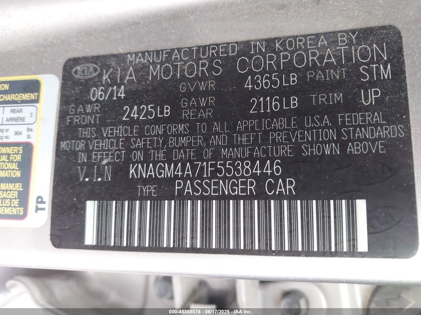 2015 Kia Optima VIN KNAGM4A71F5538446 IAAI salvage auction — NORMAL WEAR, Original (Vermont), sold $425 on 2026-07-28 (photo 9)