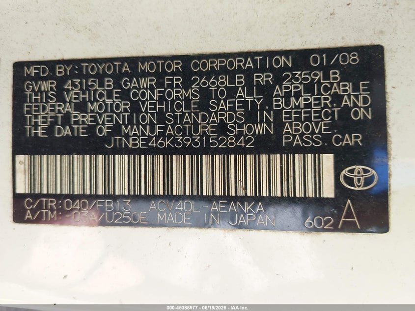 2009 Toyota Camry VIN JTNBE46K393152842 IAAI salvage auction — VANDALISM, Salvage (Hawaii), sold $50 on 2026-07-14 (photo 9)