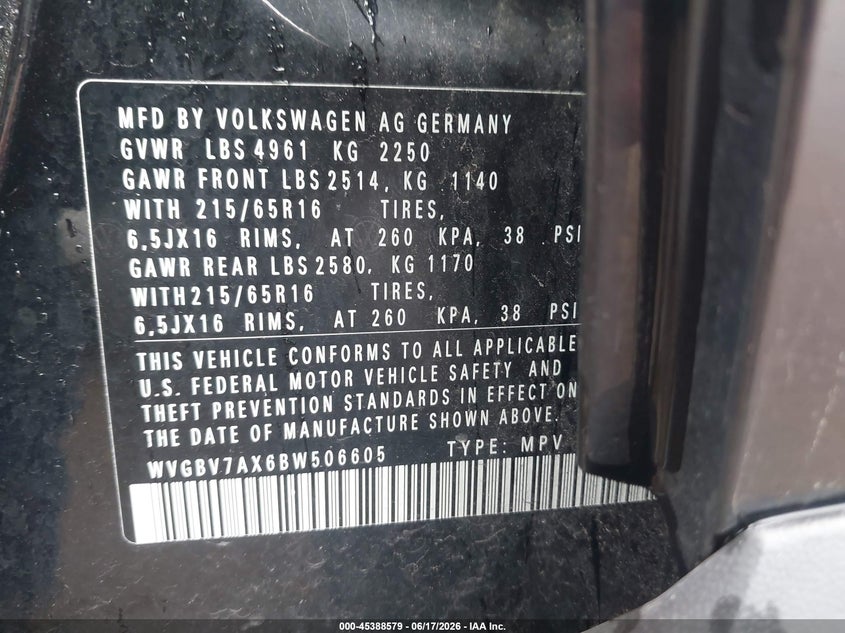 2011 Volkswagen Tiguan VIN WVGBV7AX6BW506605 IAAI salvage auction — FRONT END, Clear (Indiana), sold $450 on 2026-07-28 (photo 9)