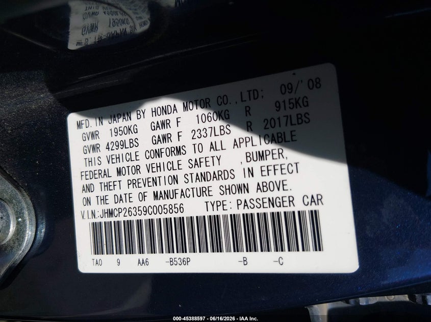 2009 Honda Accord VIN JHMCP26359C005856 IAAI salvage auction — REAR END, Salvage (California), sold $700 on 2026-07-07 (photo 9)